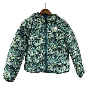 The North Face Reversible Puffer Jacket Floral Green 600 Fill Hooded Girls Large